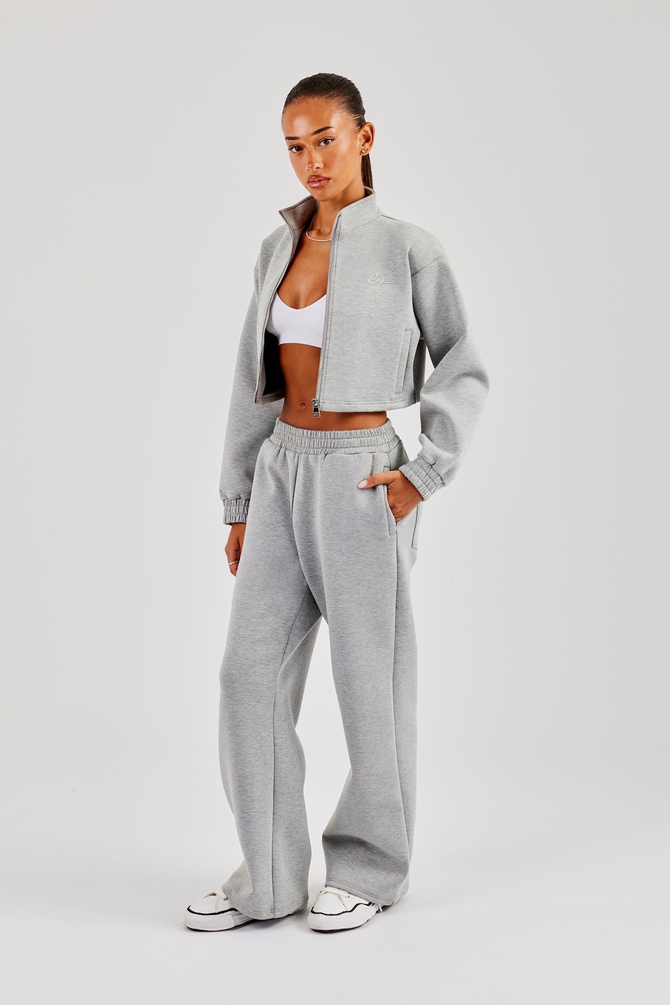 Scuba Funnel Neck Crop Jacket & Jogger - Grey